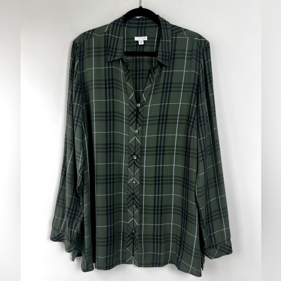 J.Jill Green Blue Plaid Button Front Long Sleeve Preppy Classic Blouse Top XLT - Picture 1 of 9